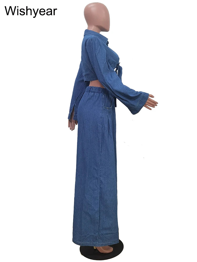 FZ Women's Set Long Sleeve Wide Leg Loose Streetwear 2 Pieces Denim Pants Suit