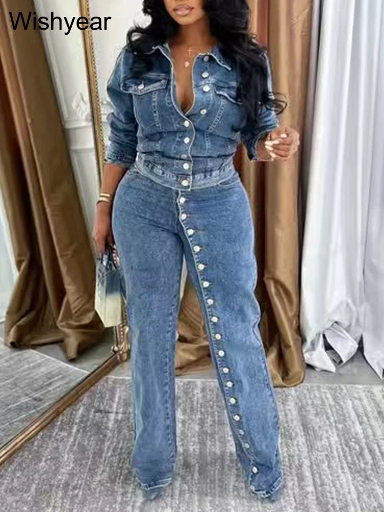 FZ Women's Vintage Single Breasted Button 2 Pieces Denim Pants Suit