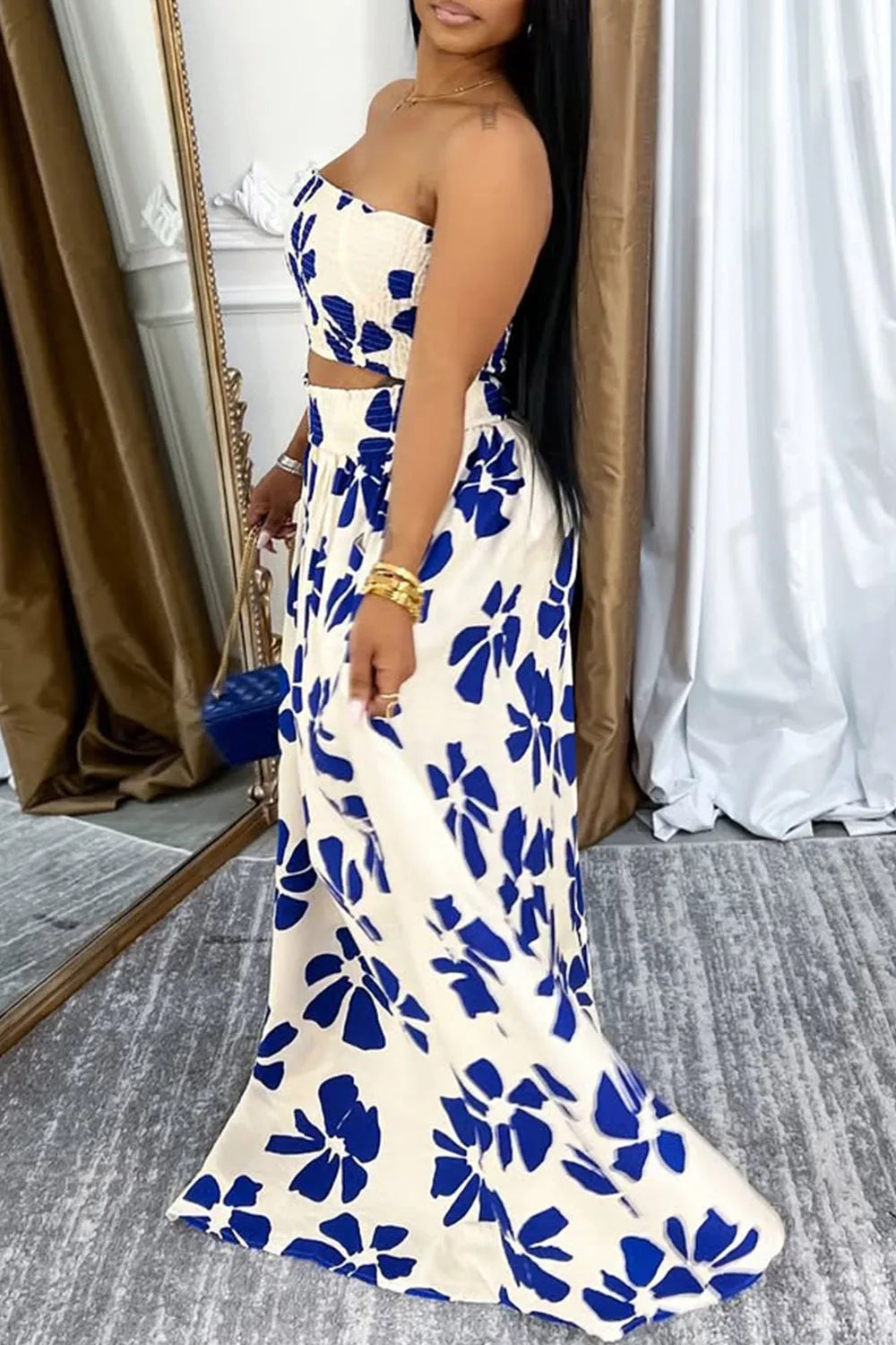 FZ Women's Plus Size Graphic Pocket Smocking Two Piece Skirt Suit