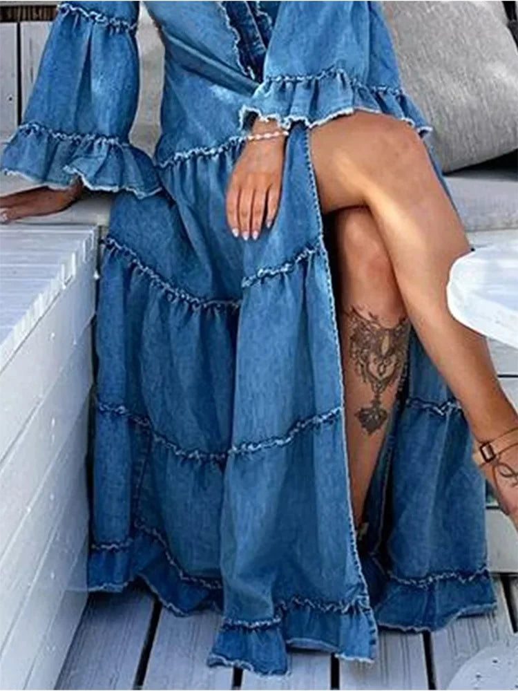 FZ Women's Plus Size Ruffle Split Tiered Flare Sleeve Maxi Denim Dress DSers