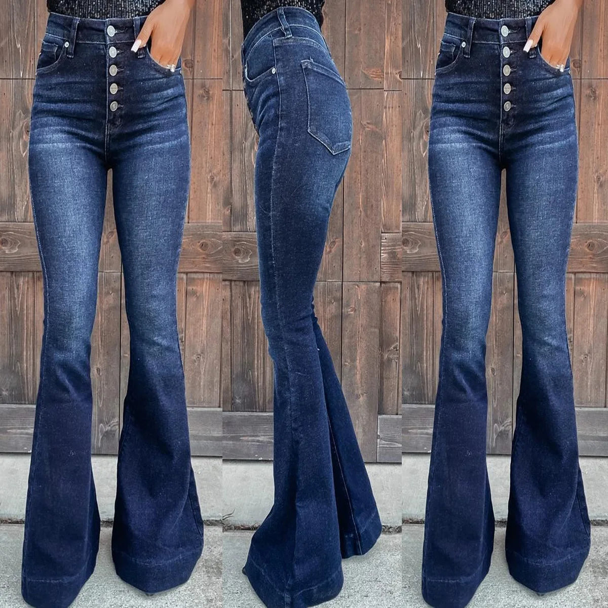FZ Women's Single-breasted High Waist Flare Denim Pants