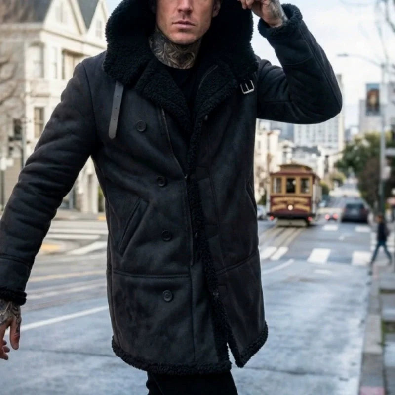 FZ Men's Lapel Hooded Thick Fleece Lined Mid Length Jacket
