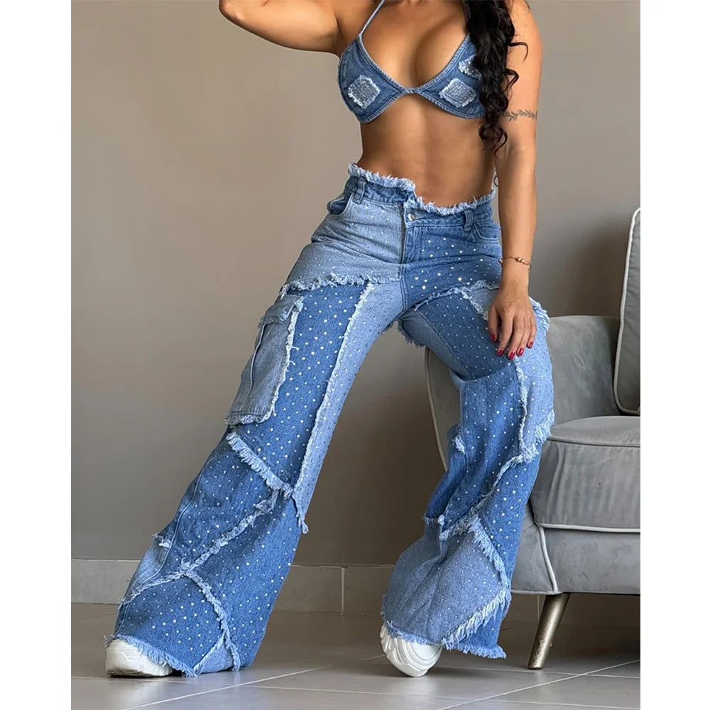 FZ Women's High Waist Wide Straight Leg Vintage Denim Pants