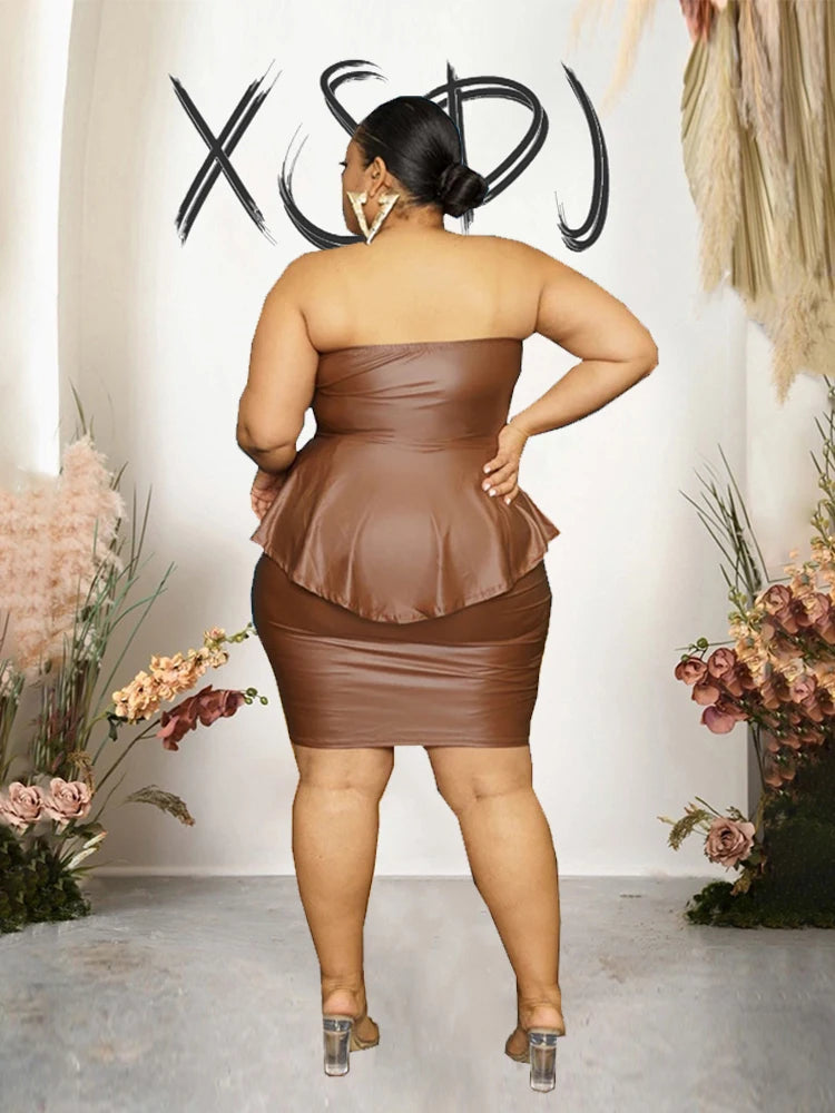 FZ Women's Plus Size Leather Pu Strapless 2 Pieces Skirt Suit