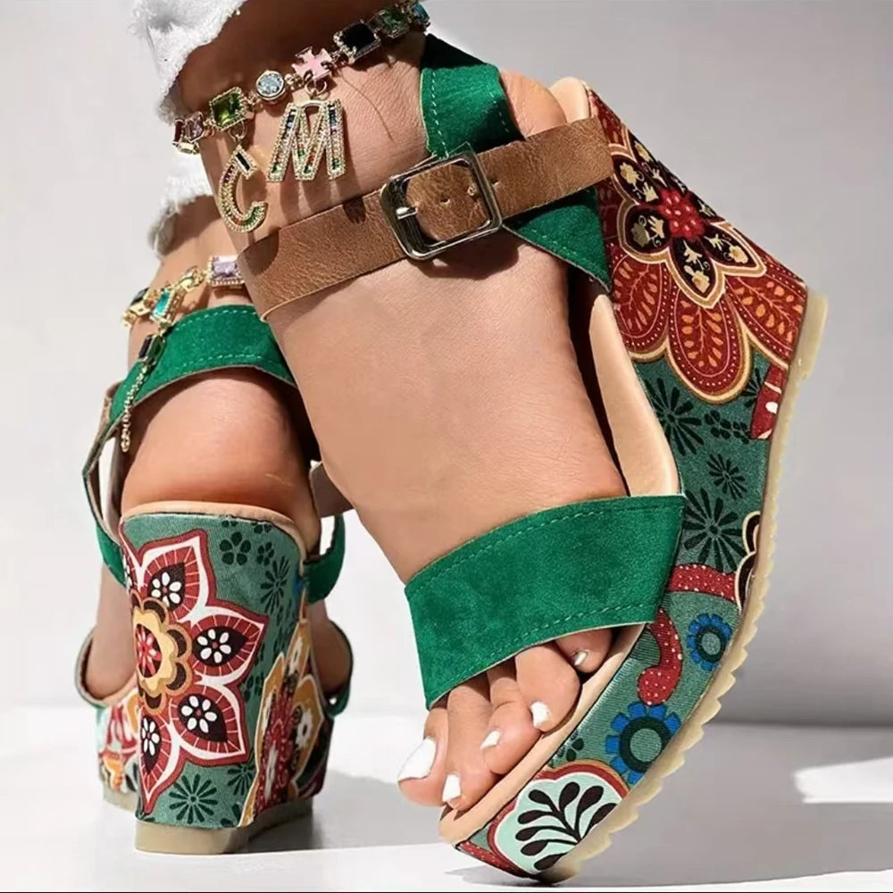 FZ Women's Floral Print Suede Bohemian Wedge Sandals Shoes