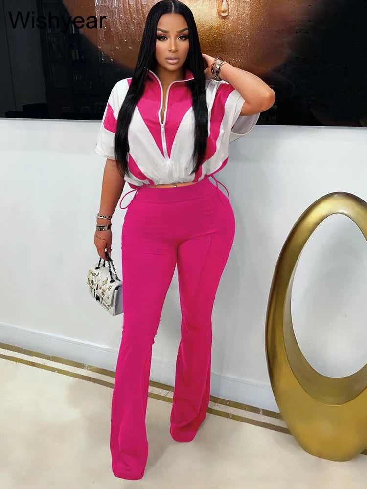 FZ Women's Vintage Cotton Patchwork Short Sleeve Flare Bottom Two Piece Pants Suit