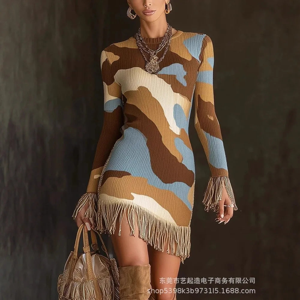 FZ Women's Retro Print Tassel Slim Fit O Neck Mini Knitted Sweater Dress