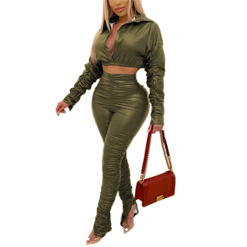 FZ Women's Faux Leather High Waist Two 2 Piece Pants Suit