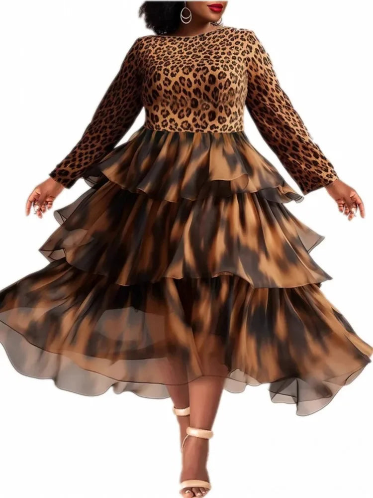 FZ Women's Plus Size Leopard Printed Retro High Street Midi African Dress