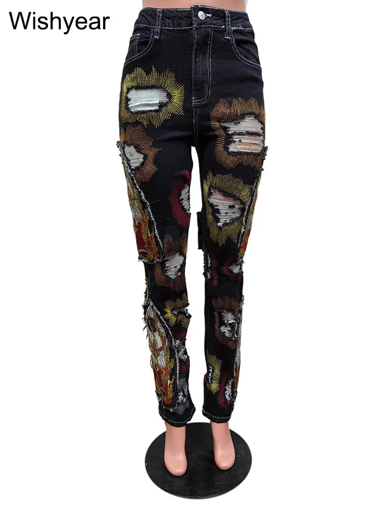 FZ Women's Embroidery Print Hole Stretch Cargo Denim Pants DSers