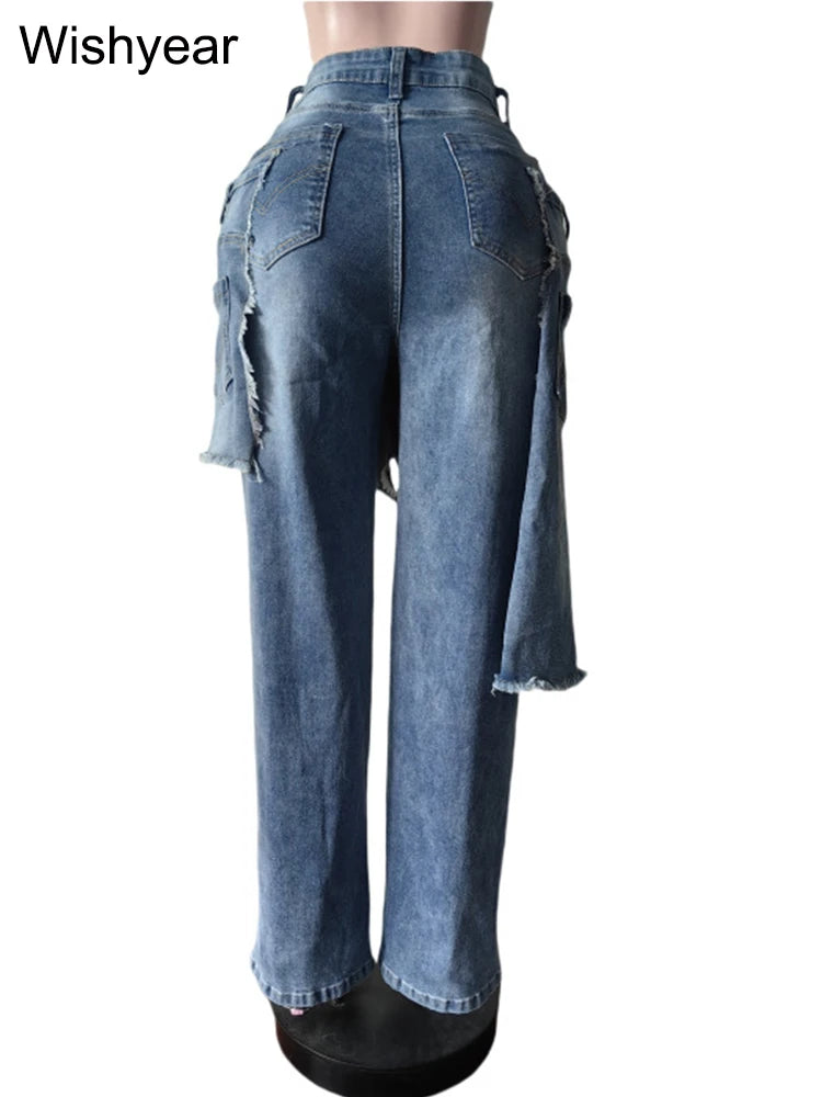 FZ Women's Apron Perforated Straight Wide Leg Streetwear Stretch Denim Pants