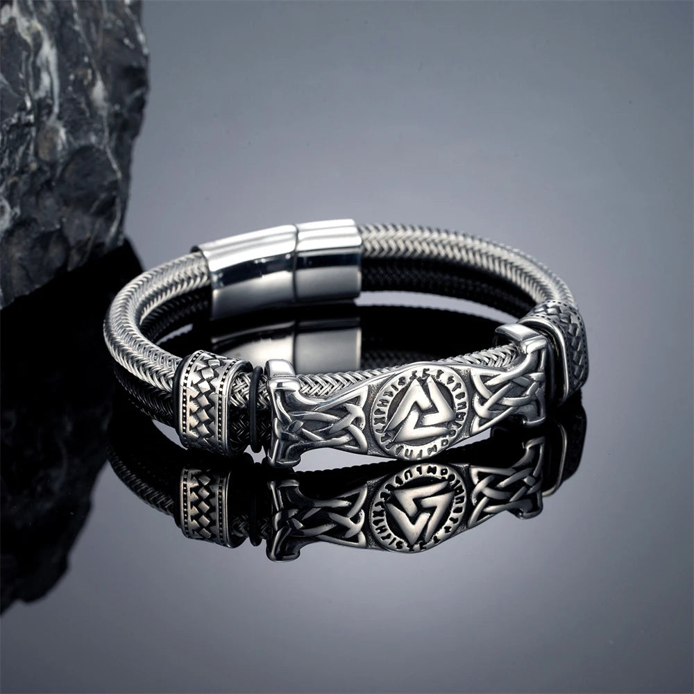 FZ Men's Stainless Steel Norse Runes Double-Layer Wire Rope Bracelet