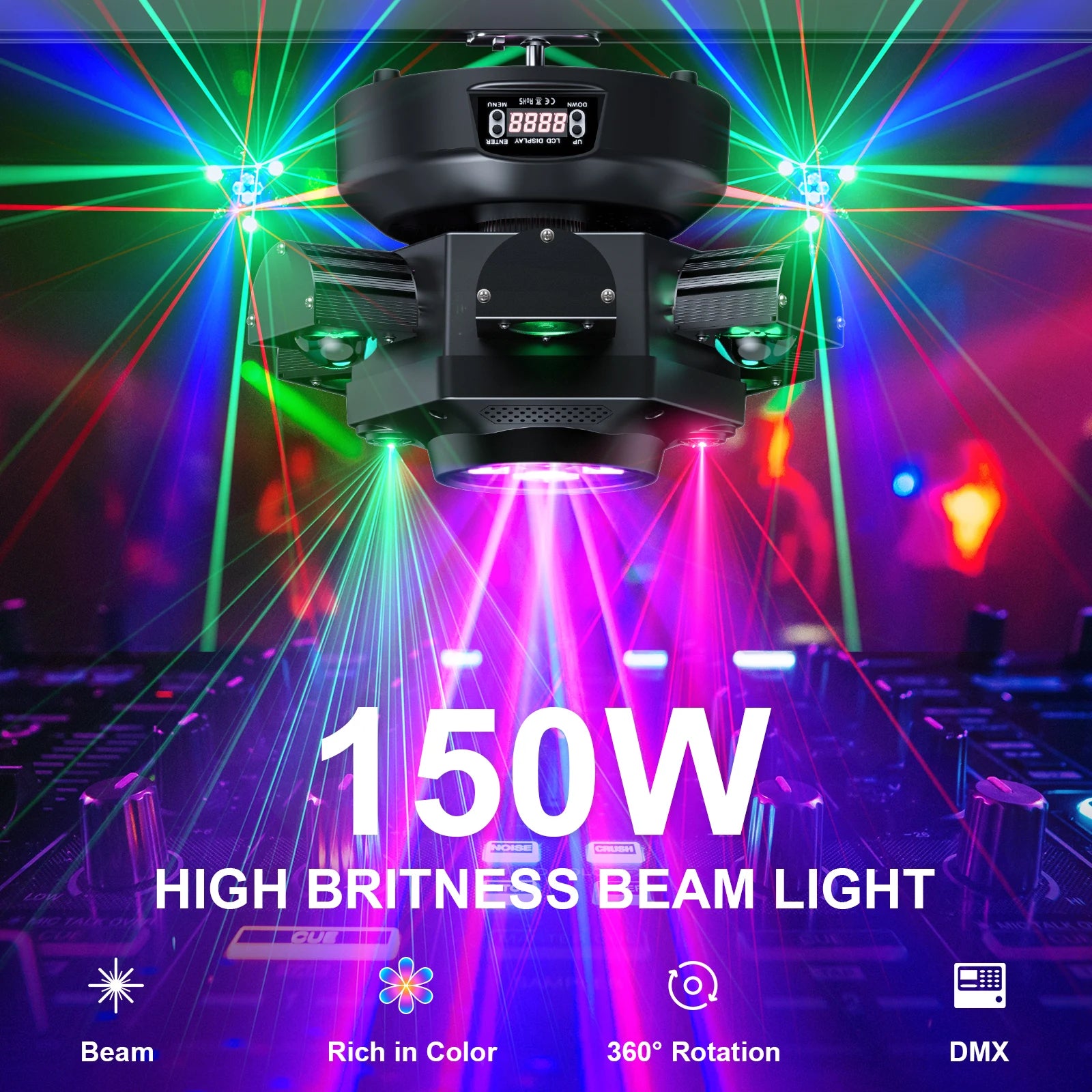 FZ 150W Moving Head 6 Arms RGBW 4IN1 LED DMX512 Stage Lighting