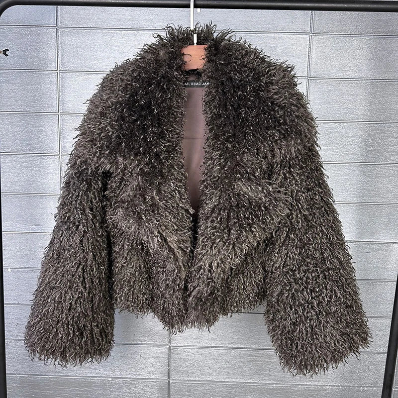 FZ Women's Notched Collar Fuzzy Faux Fur Short Coat Jacket
