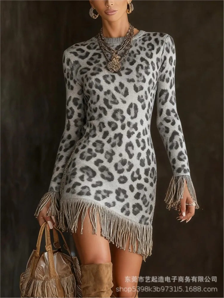 FZ Women's Retro Print Tassel Slim Fit O Neck Mini Knitted Sweater Dress