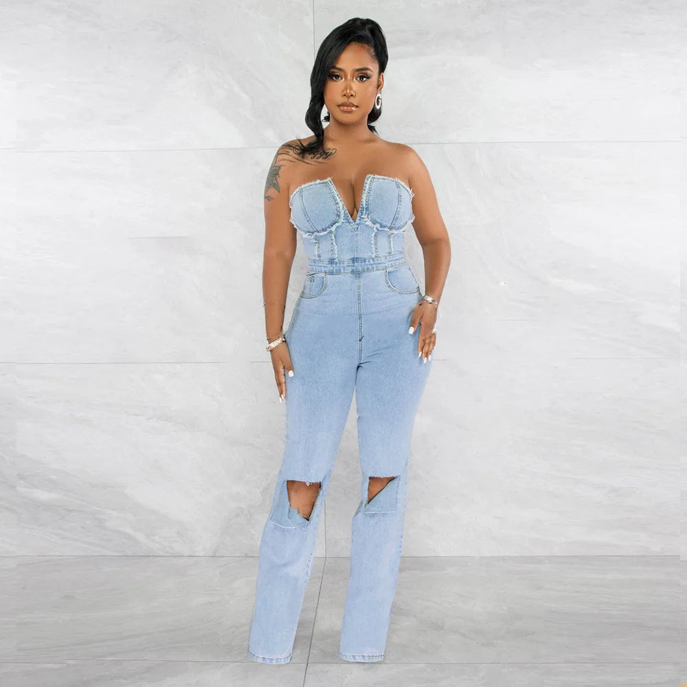 FZ Women's Sexy V Neck Denim Off Shoulder Wide Leg Jumpsuit - FZwear