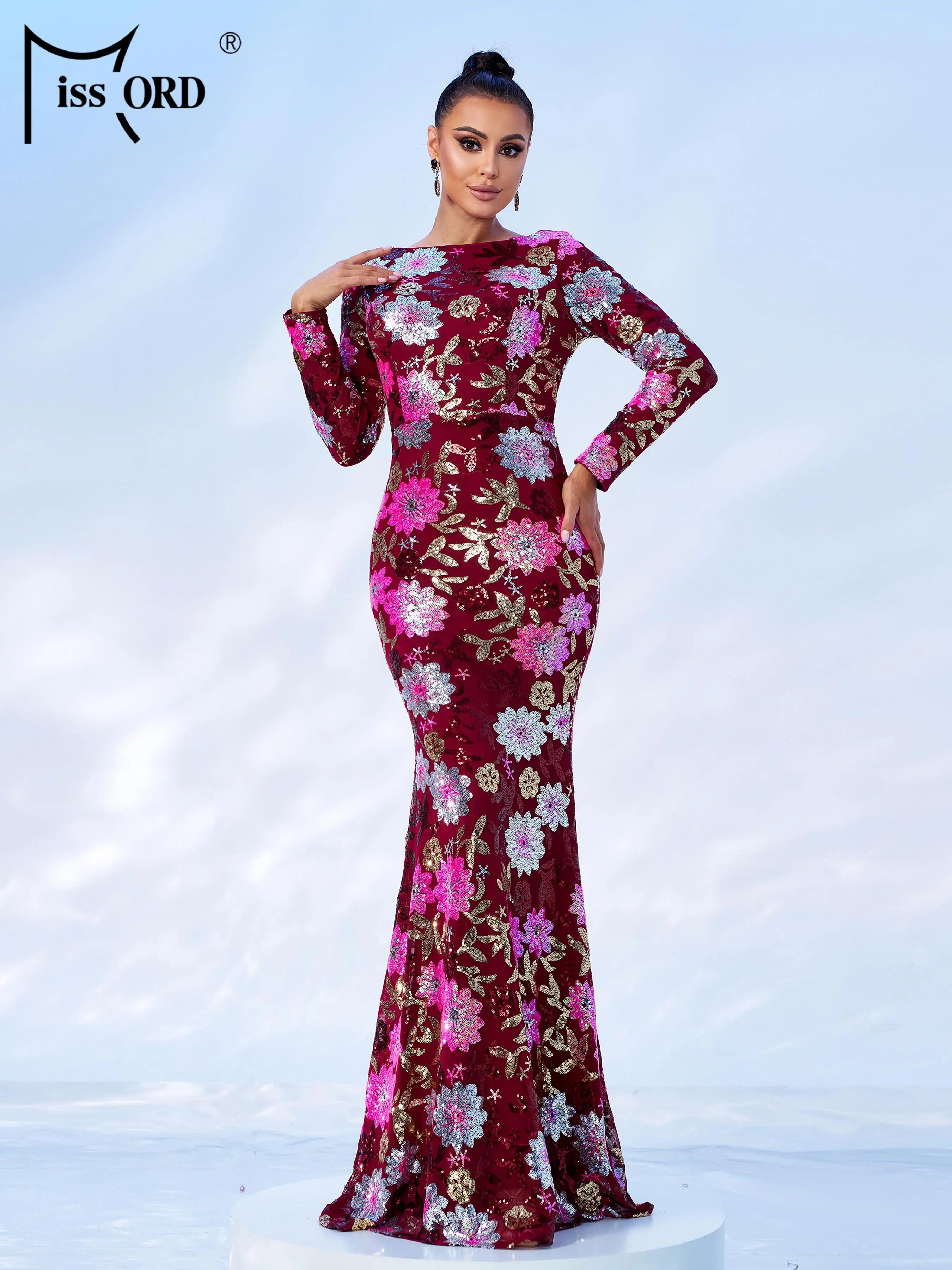 FZ Women's Round Neck Long Sleeved Sequin Mermaid Evening Dress