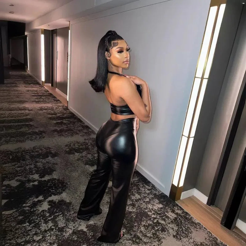 FZ Women'S Sexy High Stretch PU Leather Two Piece High Waist Flare Pants Suit - FZwear