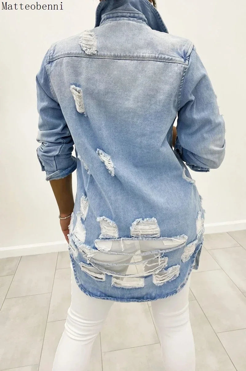 FZ Women's Sexy Ripped Oversized Denim Jacket - FZwear