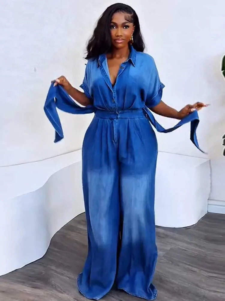 FZ Women's Soft Fabric One Piece High Waist Wide Denim Jumpsuit