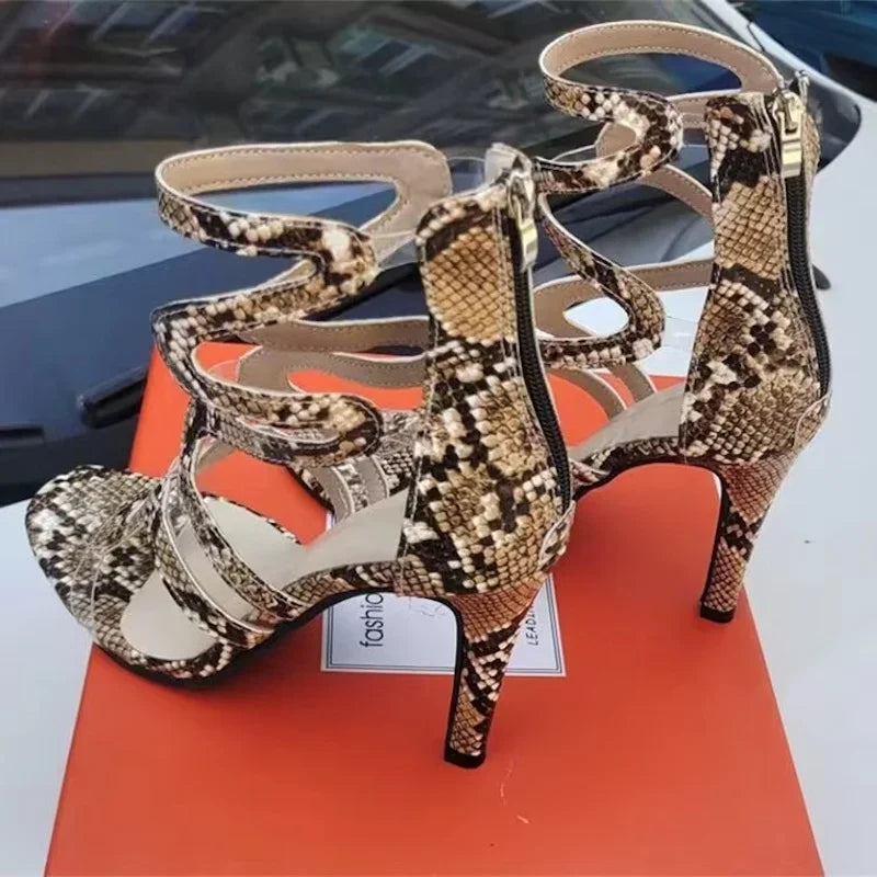 2023 Summer New Snake Skin Pattern High Heel Sandals Fish Mouth Slim Heel Fashion Large FZwear