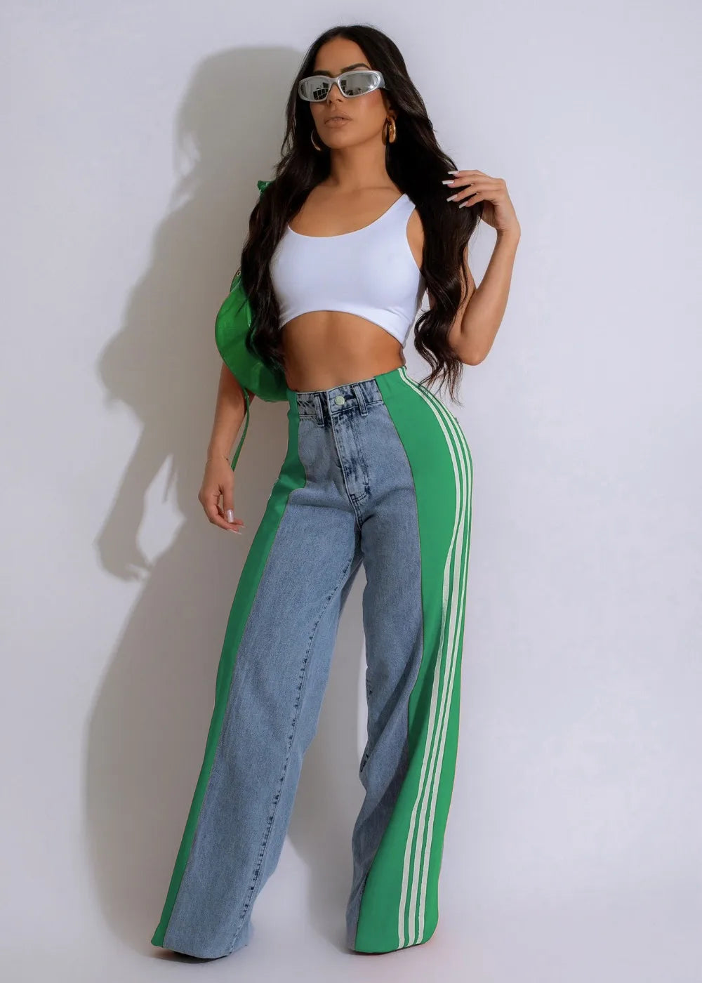 FZ Women's Fashion Stripe Splicing Wide Leg High Waisted Button Denim Pants - FZwear