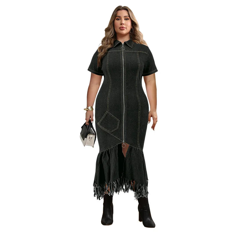 FZ Women's Plus Size Short Sleeve Tassel Zip Denim Dress
