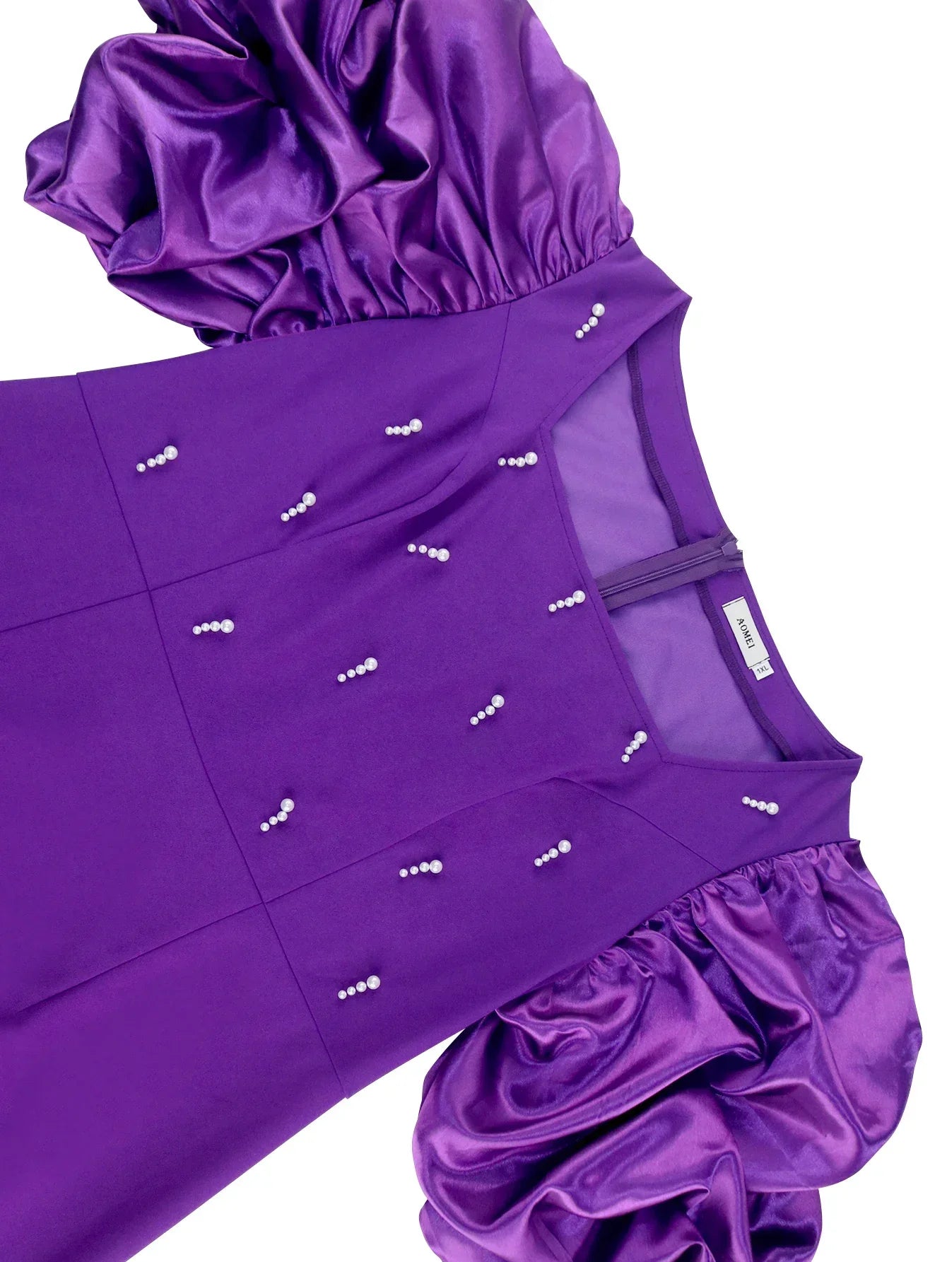 FZ Women's Plus Size Beaded Square Neck Short Bubble Sleeve Slim Evening Dress