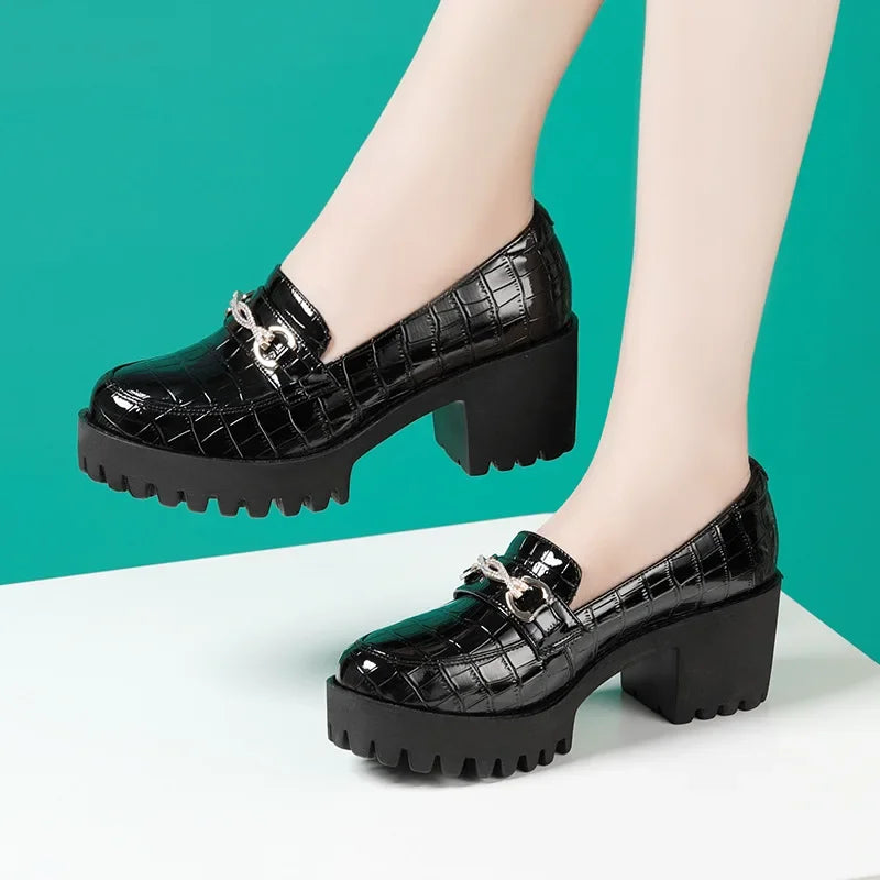 FZ Women's Rhinestone Waterproof Platform Thick Sole Leather Shoes