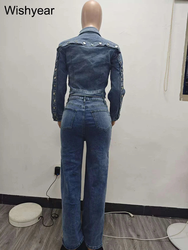 FZ Women's Vintage Single Breasted Button 2 Pieces Denim Pants Suit