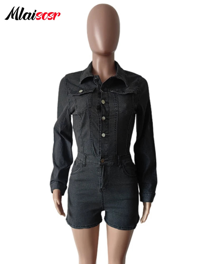 FZ Women's Vintage High Street Elastic Wash Single-Breasted One Piece Denim Jumpsuit