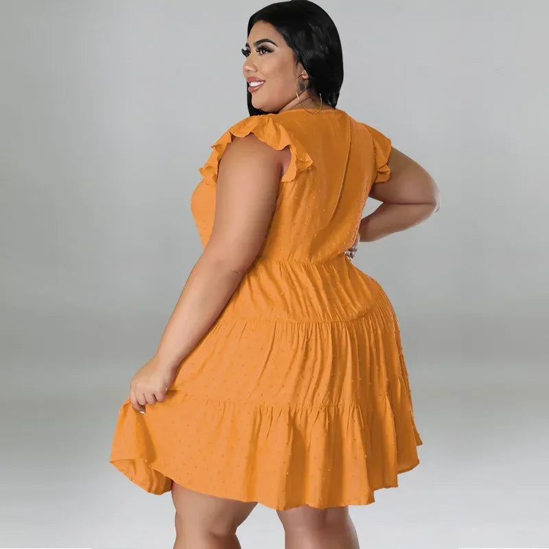 FZ Women's Plus Size Solid Ruffles Short Sleeve Turn-down Collar Single Breasted Dress