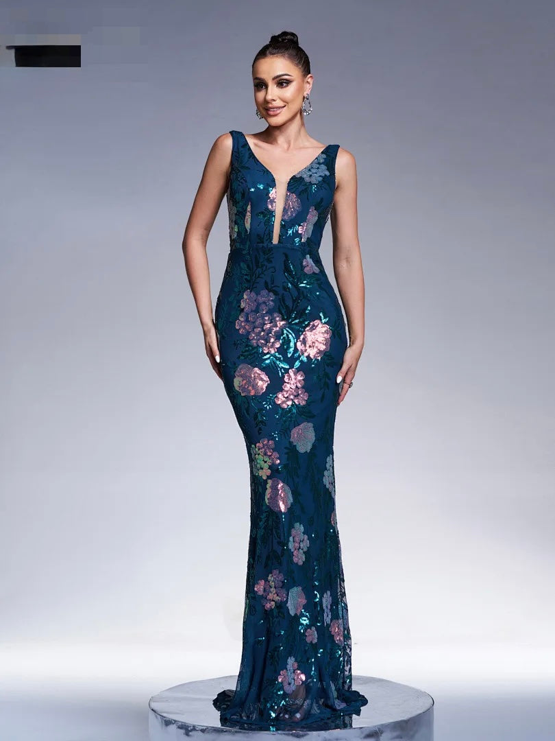 FZ Women's V Neck Sleeveless Sequin Mermaid Evening Dress