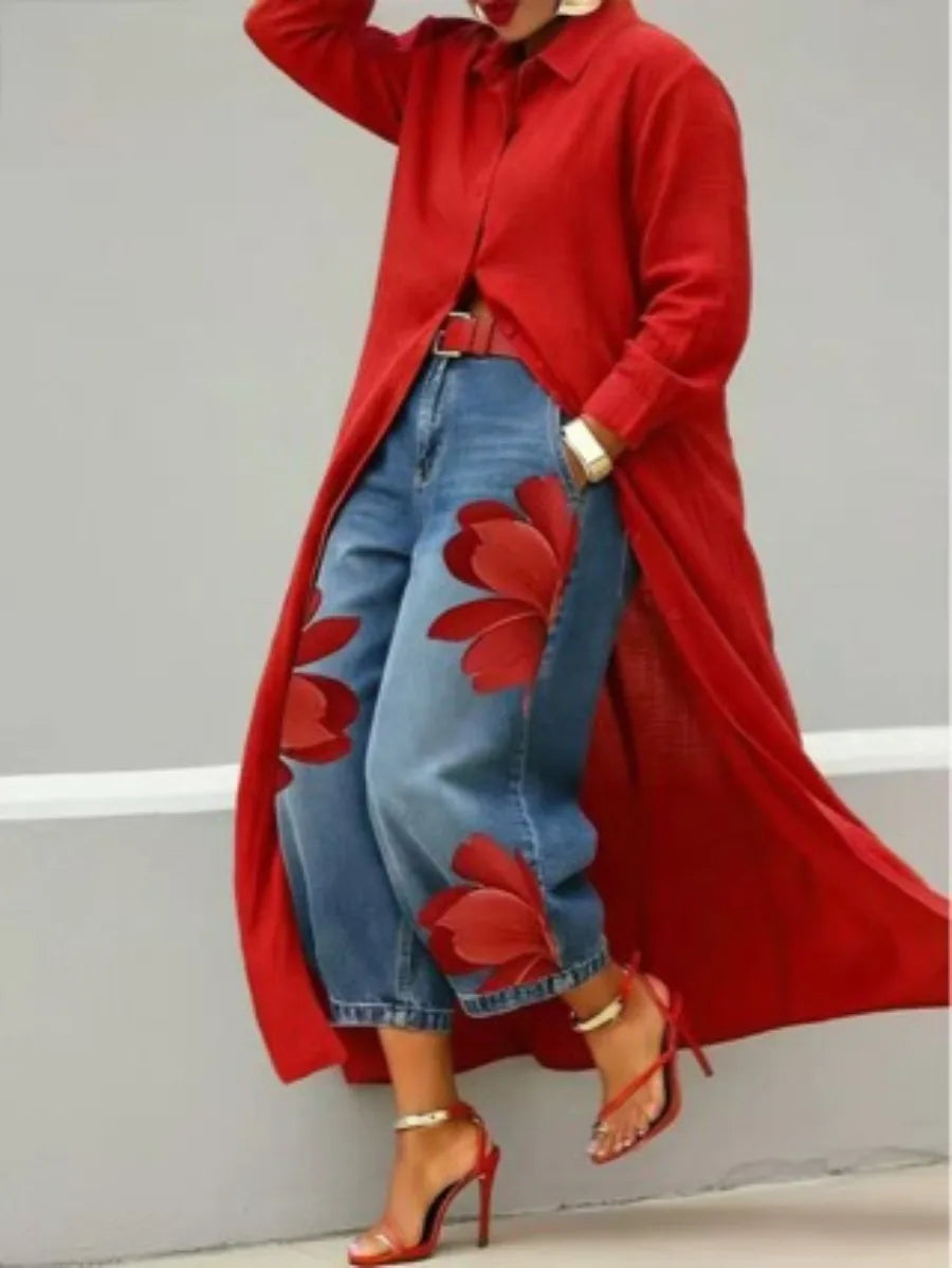 FZ Women's Floral Print High Waist Loose Fit Wide Leg Denim Pants