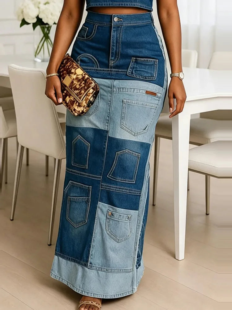 FZ Women's High Waist Patchwork Vintage Maxi Denim Skirt