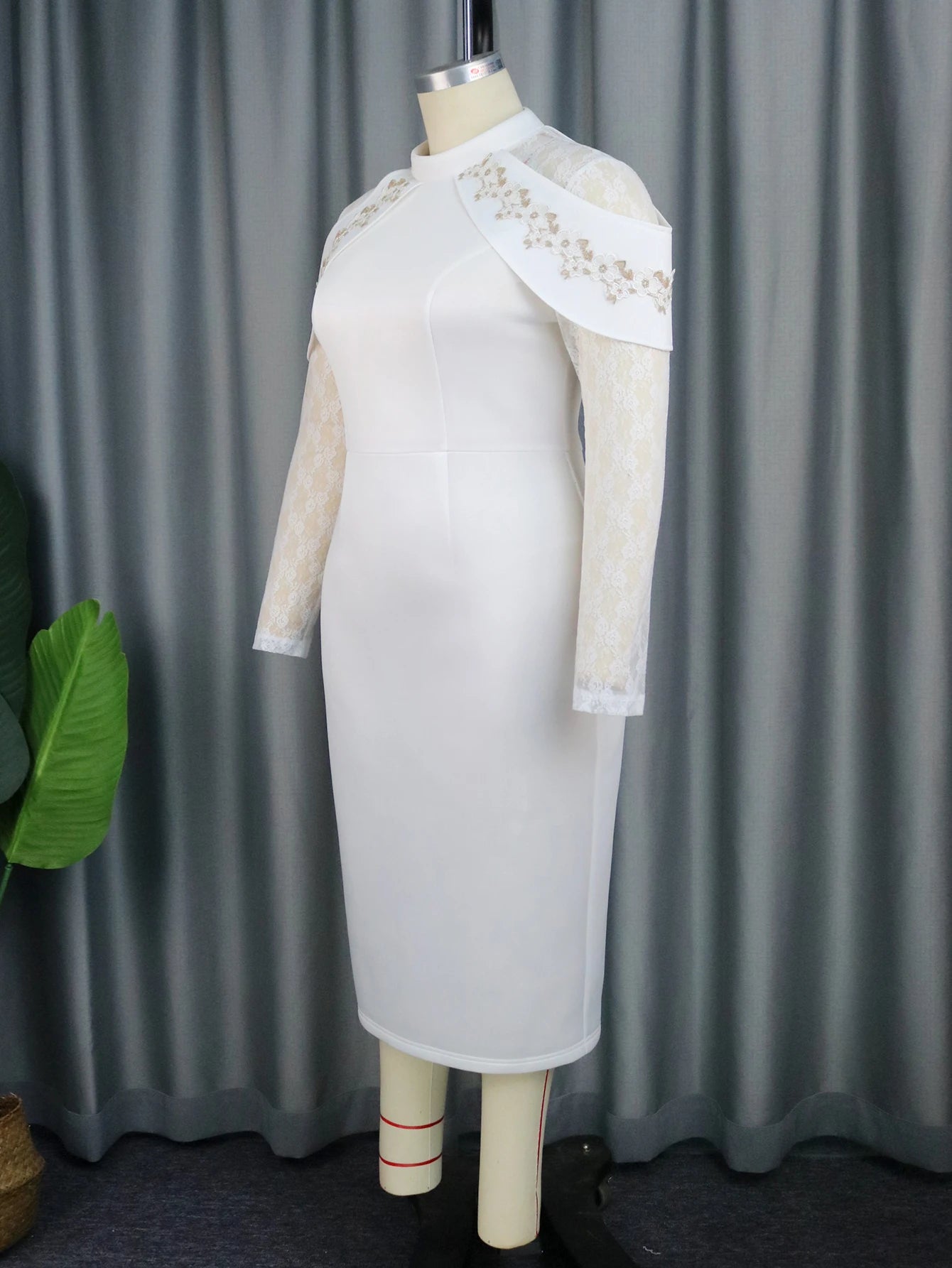 FZ Women's High Neck Lace See Through Sleeve High Waist Dress