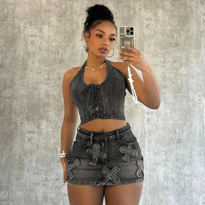 FZ Women's Tassel Cross Embroidery Two Piece Grommet Lace Mini Skirts Suit - FZwear