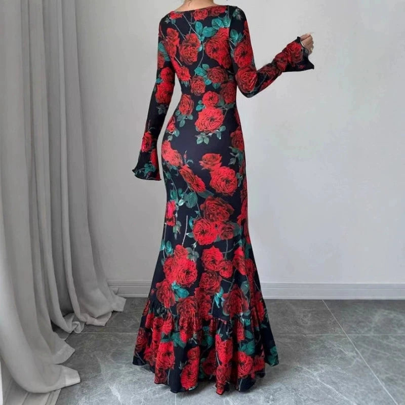 FZ Women's Rose Printed O Neck Long Sleeves Fishtail Maxi Dress