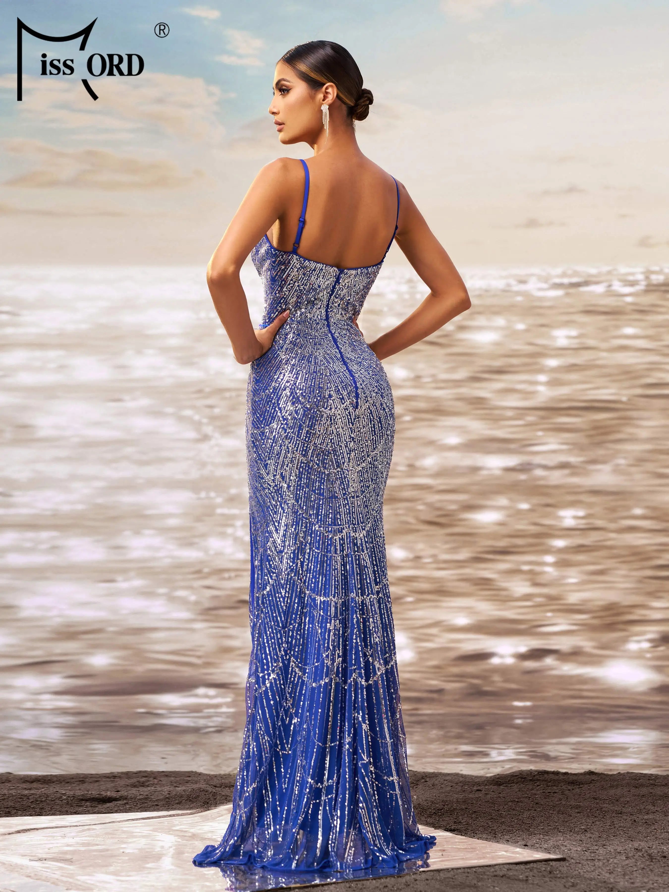 FZ Women's Spaghetti Sequin Split Maxi Evening Dress