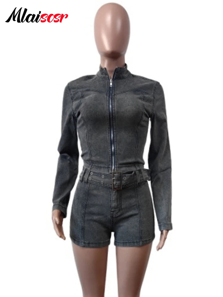 FZ Women's Jeans with Belt Two Pieces Streetwear Denim Shorts Suit
