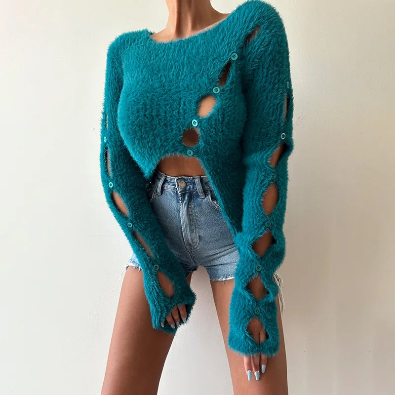 FZ Women's Cropped Hollow Out Cutout Knitted Sweater Top