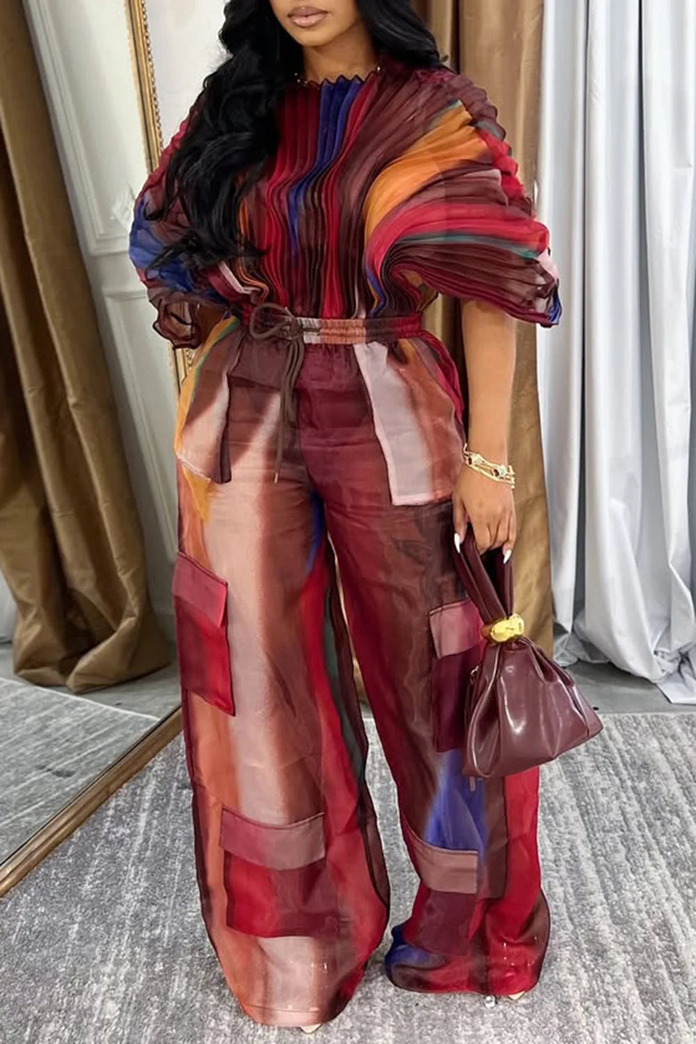 FZ Women's Plus Size Gradient Batwing Sleeve Cargo Pleated Two Piece Pants Suit