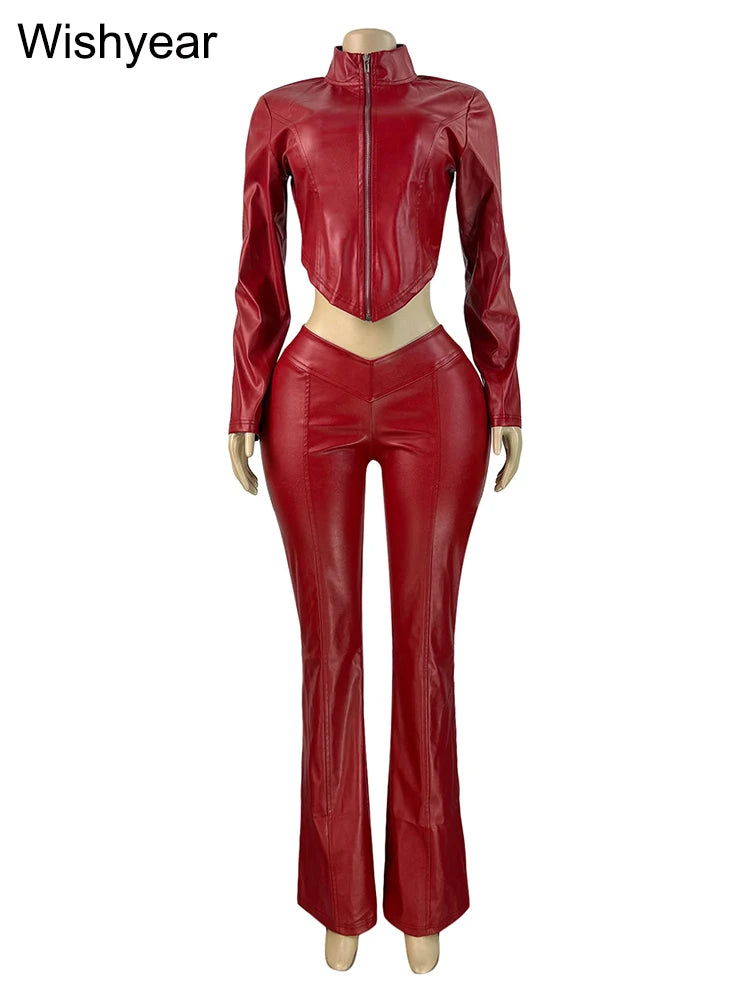 FZ Women's Streetwear Long Sleeve Stretch Slim and Flared PU Leather Pants Suit