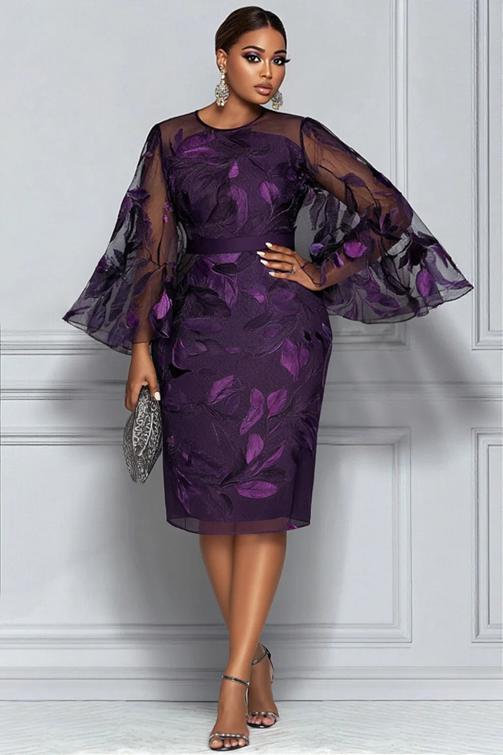 FZ Women's Plus Size Lace Round Neck Flare Long Sleeve Midi Dress