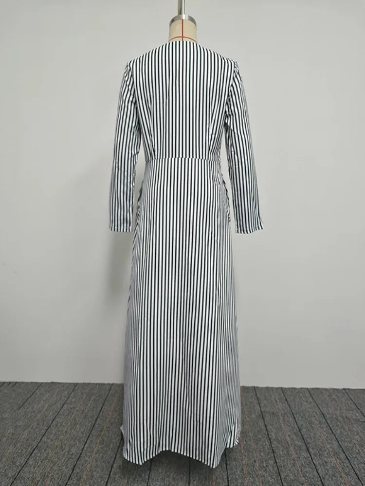 FZ Women's Striped A-line V Neck Long Sleeve Printed Max Dress