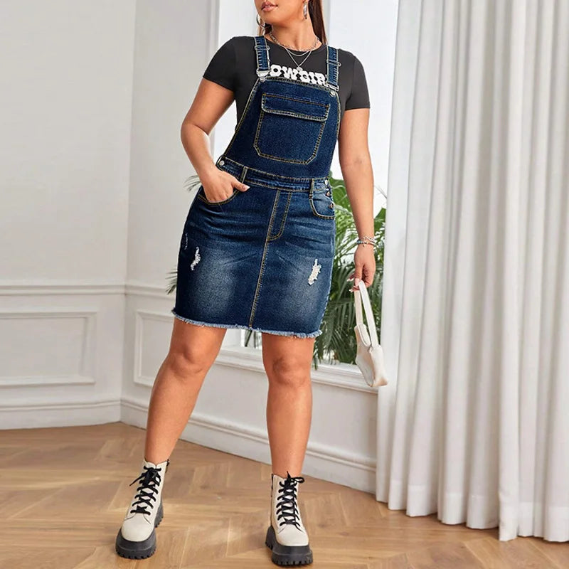 FZ Women's Plus Size Streetwear Ripped Raw Hem Overall Denim Dress