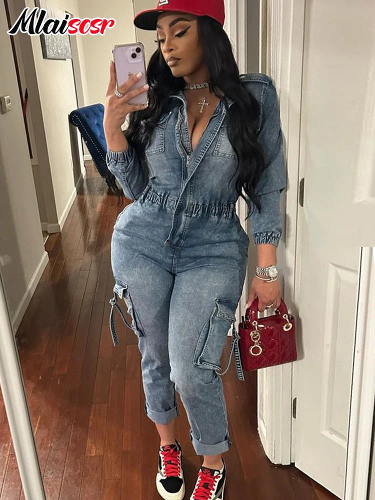 FZ Women's Winter Zipper Elastic Waist One Piece Stretch Denim Jumpsuit