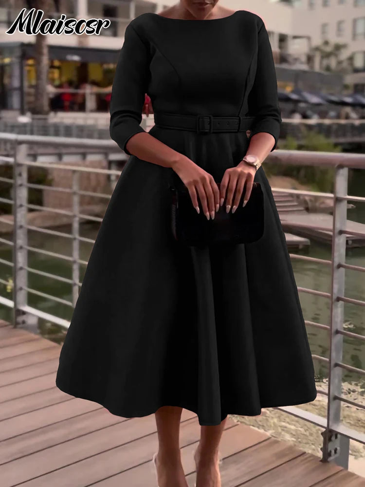 FZ Women's A-Line 3/4 Sleeve with Belt Midi Dress