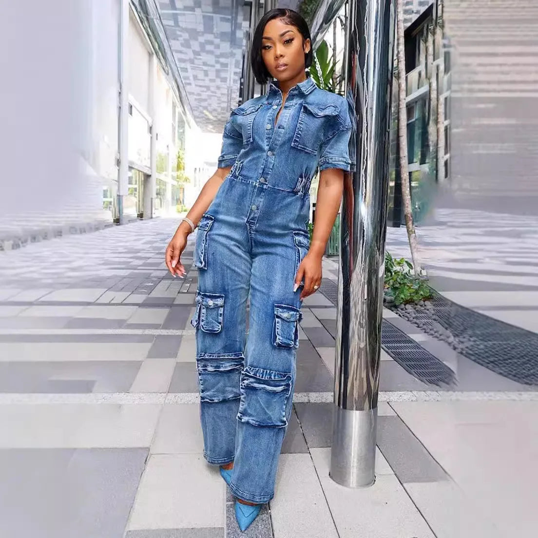 FZ Women's Casual Solid Cargo High Waist One Piece Denim Jumpsuit