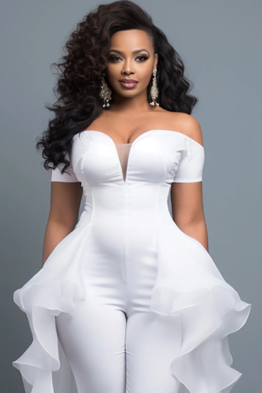 FZ Women's Plus Size Off The Shoulder Short Sleeve With Skirt Overlay Contrast Jumpsuit